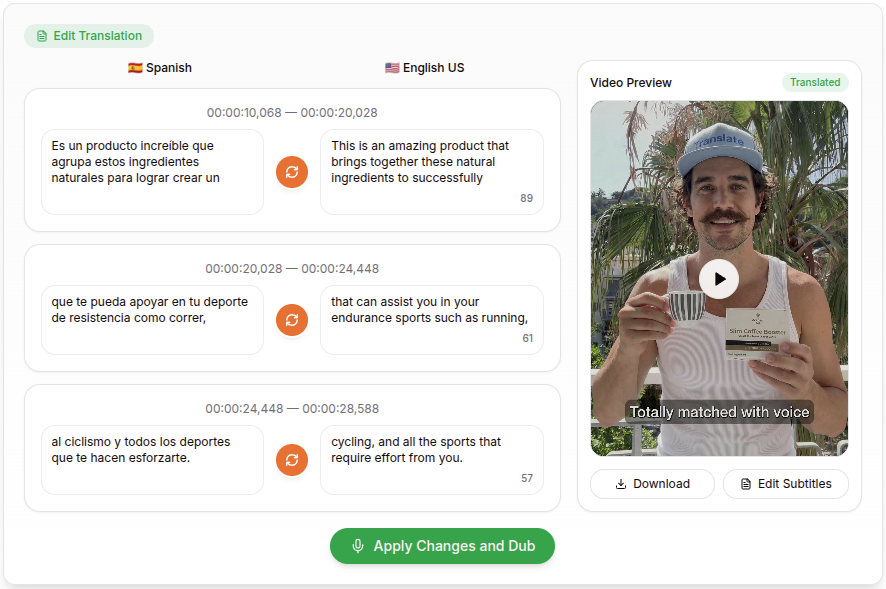 Proofreading editor showing original Spanish transcription and AI English translation side-by-side with fit score